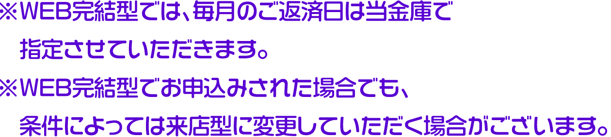 ※WEB完結型では、毎月のご返済日は当金庫で指定させていただきます。※WEB完結型でお申込みされた場合でも、条件によっては来店型に変更していただく場合がございます。