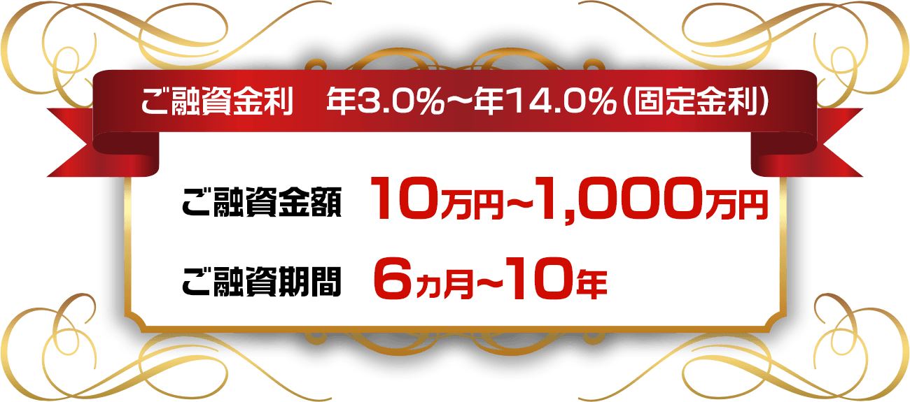 ご融資金利 10万円〜1,000万円　ご融資期間 6ヶ月〜10年